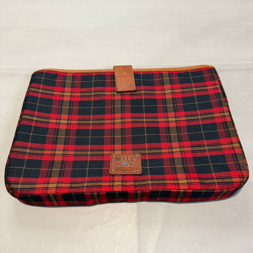 Will Leather Goods Red Buffalo Plaid Canvas Laptop/Tablot Sleeve Case Leather-